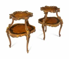 Pair of Rococo Revival Cherub Carved Walnut and Marquetry Two-Tier Tables