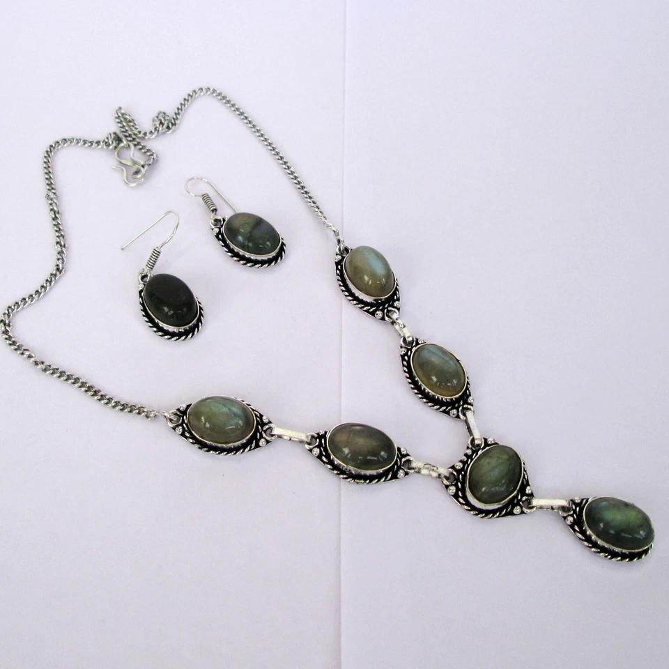 Conjunto de joyas pendientes collar chapado en plata joyería premium labradorita Foto 3 de 4