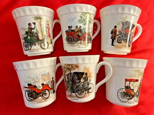 6 CROWN STAFFORDSHIRE Mugs with Six Different Antique Cars