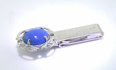 1 2/3 INCH 12x10 OVAL BLUE AGATE CABOCHON GEM SILVER COLOR TIE CLIP BAR EPTT538