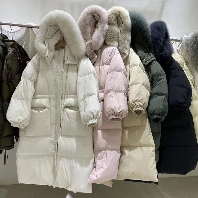 OFF WHITE Piumino donna lungo sciolto con cappuccio sopra il ginocchio spesso coreano collo pelliccia grande