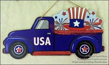 NEW FOURTH 4th OF JULY PATRIOTIC VINTAGE BLUE PICKUP TRUCK WALL HANGING PLAQUE