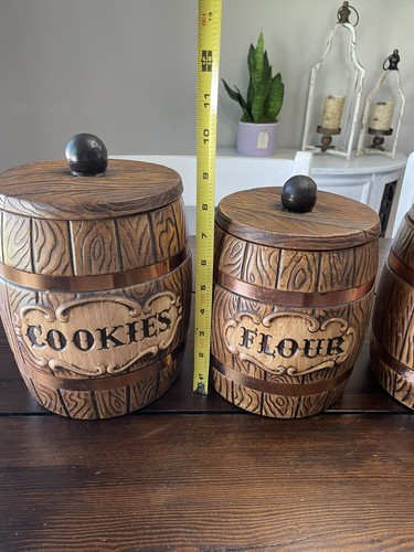 5 Vintage Treasure Craft Ceramic Canister Set Cookie Jar Copper Band Barrel MCM - Picture 21 of 23