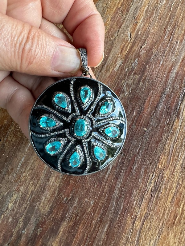 Statement Collector Blue Topaz and Diamond Black Enamel Pendant