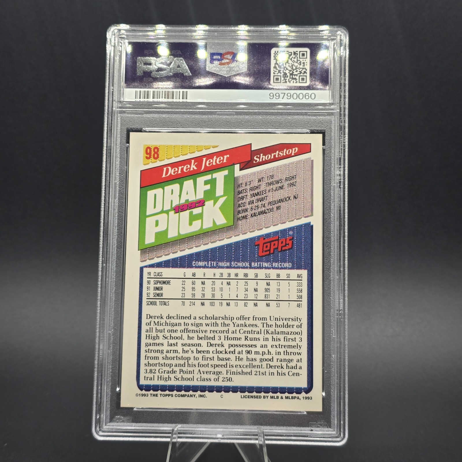 1993 Topps Gold Derek Jeter #98 Rookie PSA 9 New York Yankees Baseball view 2