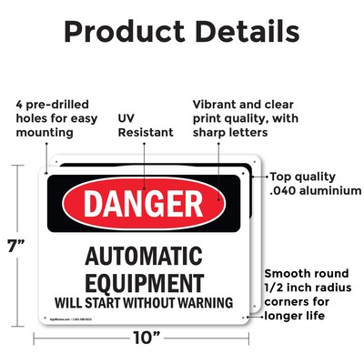 (2 Pack) Automatic Equipment Start Without Warning OSHA Danger Sign Decal Metal
