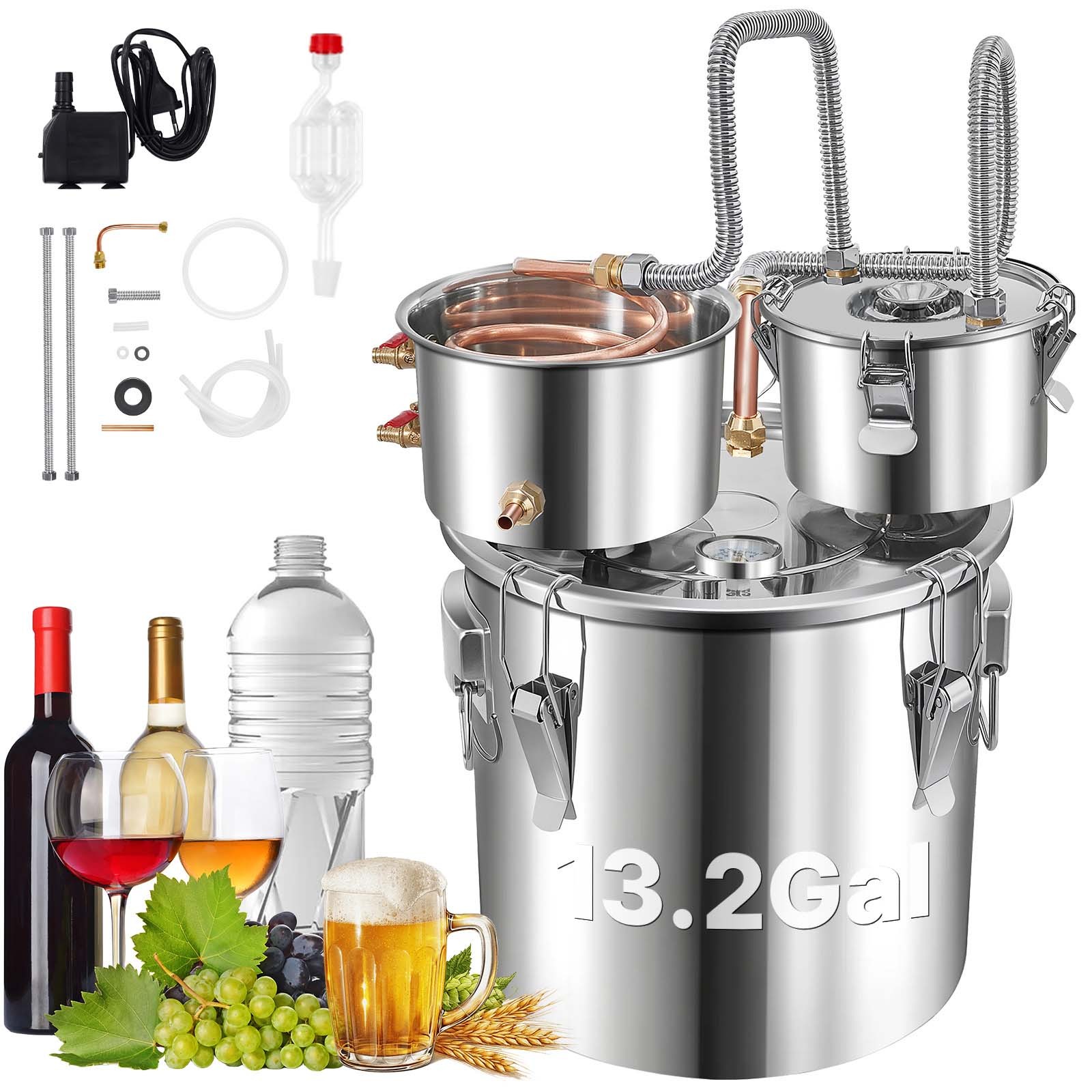 VEVOR Moonshine Still Water Alcohol Distiller 13.2Gal w/Thumper Keg & Water Pump