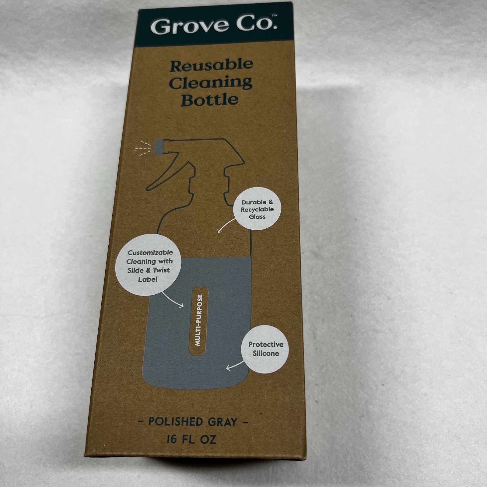 Grove Co Reusable Glass Spray 16oz Bottle with Non Slip Polished Gray Sleeve