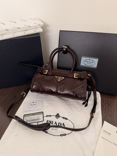 Prada Womens Bonnie Mini Satchel Crossbody Bag Corduroy/Leather Ebony