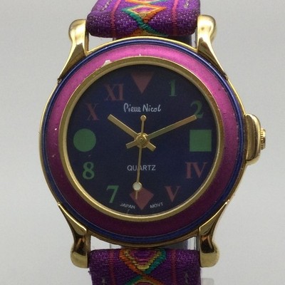 Vintage Pierre Nicol Womens Watch 34mm Blue Gold Tone Purple Strap New Battery