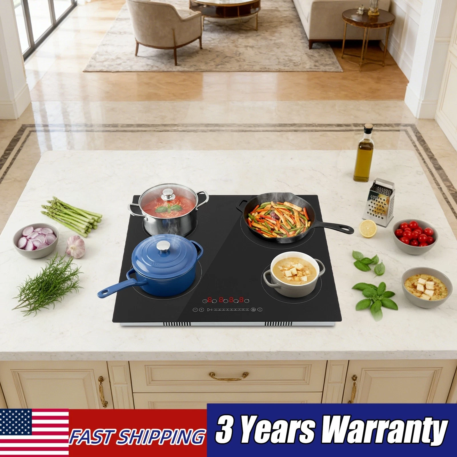 Electric Ceramic Cooktop 23" Built-in Stove 4 Burners Glass Touch Control