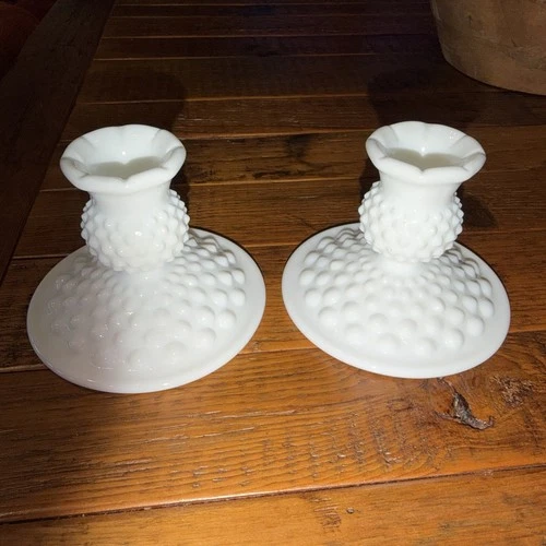 Set of 2 Vintage Fenton Hobnail Milk Glass Candlesticks Pair Candle Holders.