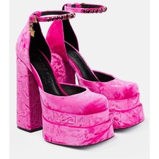 Versace Aevitas 37.5/ 7.5 Platform Pink Velvet Pump Crystal Medusa NIB $1,575