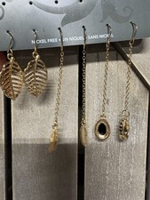 GOLD TONE Leaf Feather Pear Dangle Drop Earrings Nickel-Free Black Hook Metal