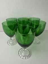 Anchor Hocking Glass Bubble Foot Forest Green Water Goblet Stem 8 Oz 4.75" H