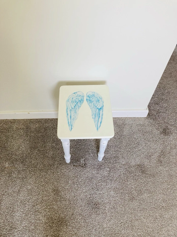 Decoupaged Side Table Chalk Painted Upcycled Archangel Michael Angel Wings - Image 3 of 4