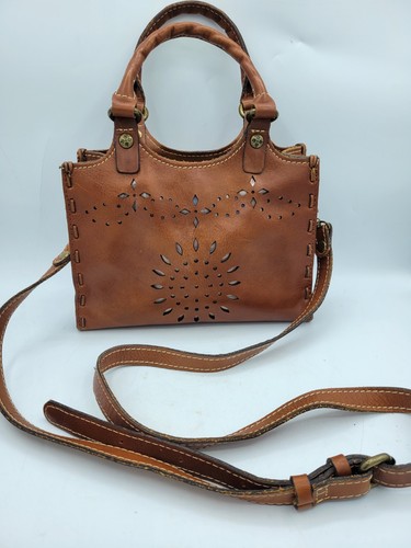 Patricia Nash Cognac Laser Cut Podesta Tooled Leather Satchel Hand Bag Strap EUC