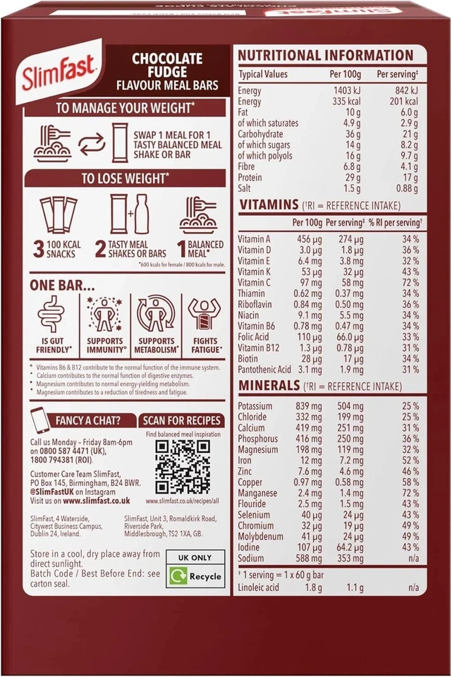 Slimfast Chocolate Fudge Meal Replacement Bars 4 x 60g Foto 2 de 4