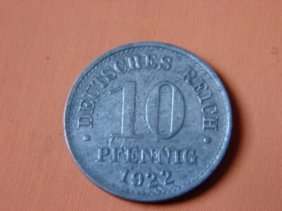 ALLEMAGNE . WEIMAR.. 10 PFENNIG ZINC 1922. sans lettre d'atelier. - Photo 1/2