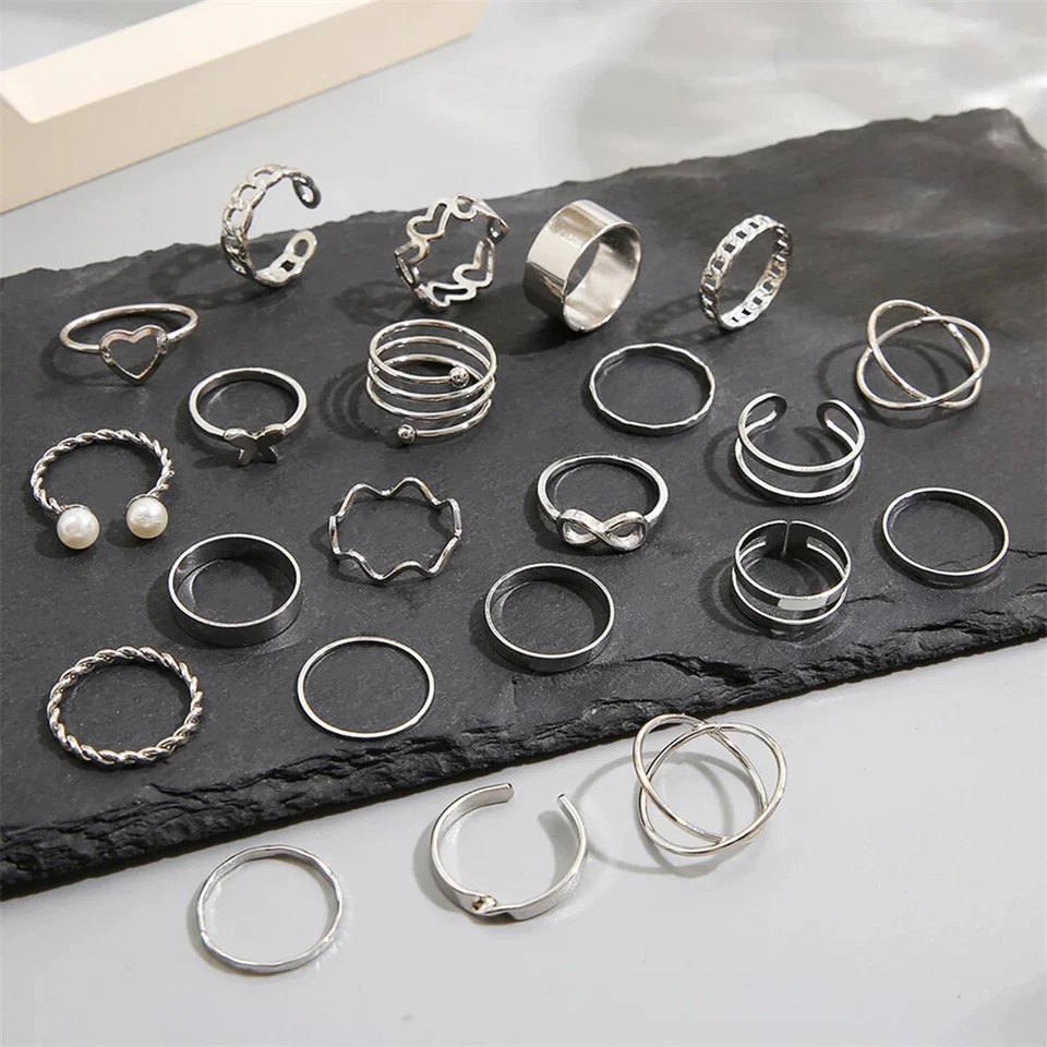 Anelli da donna Set 16 pezzi Anello Acciaio Colore Argento Serpente Catena Fiore - Immagine 4 di 4