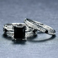 2 Ct Princess Cut Simulated Black Diamond Bridal Set Ring 14k White Gold Finish