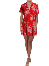 Free People Womens Blue Hawaii Floral Short Sleeve Mini Dress - Medium - Red -