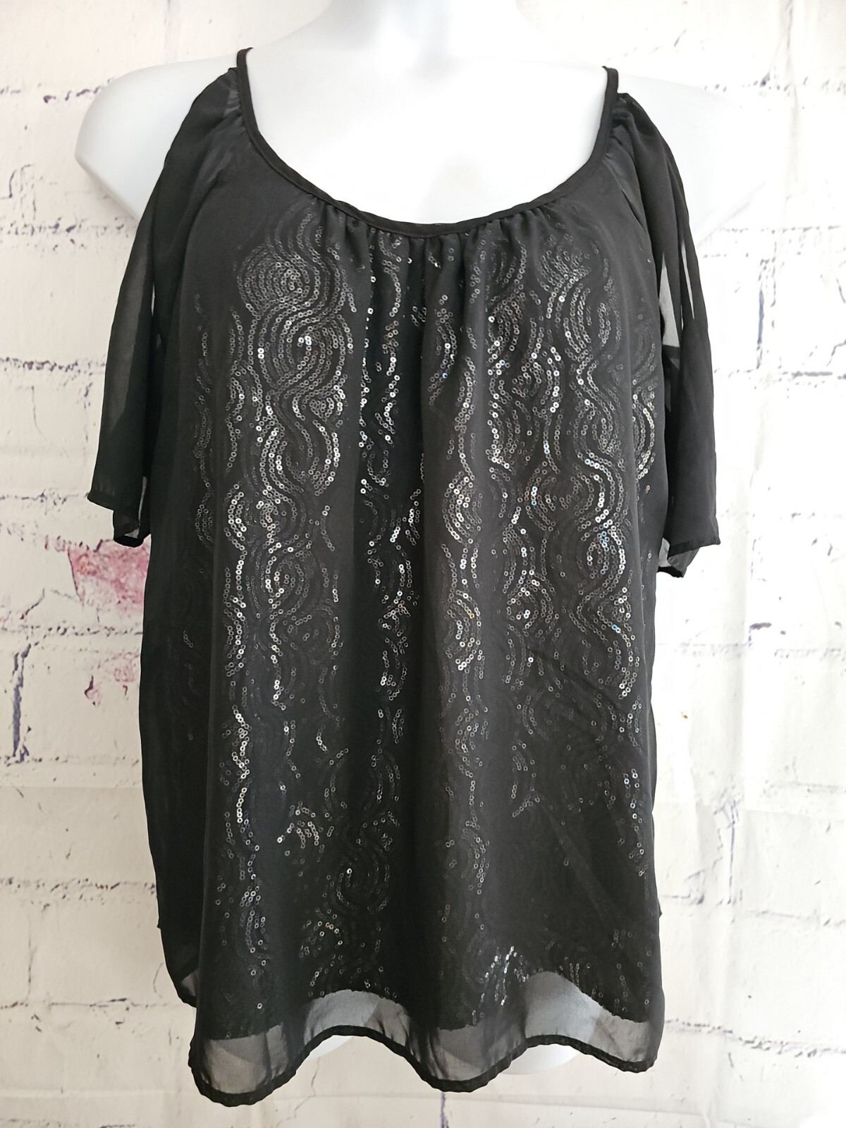 Torrid Black Sequin Chiffon Cold Shoulder Top Blo… - image 1