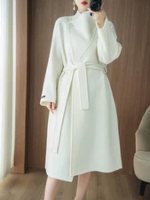 Korean White Coat Jacket Thicken Women Cashmere Wool Stand Collar Slim Fit Coat