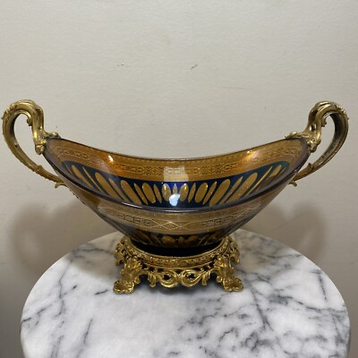 Dominic Sèvres Colored Cut Glass French Style Bowl w Gold Overlay & Brass Mount