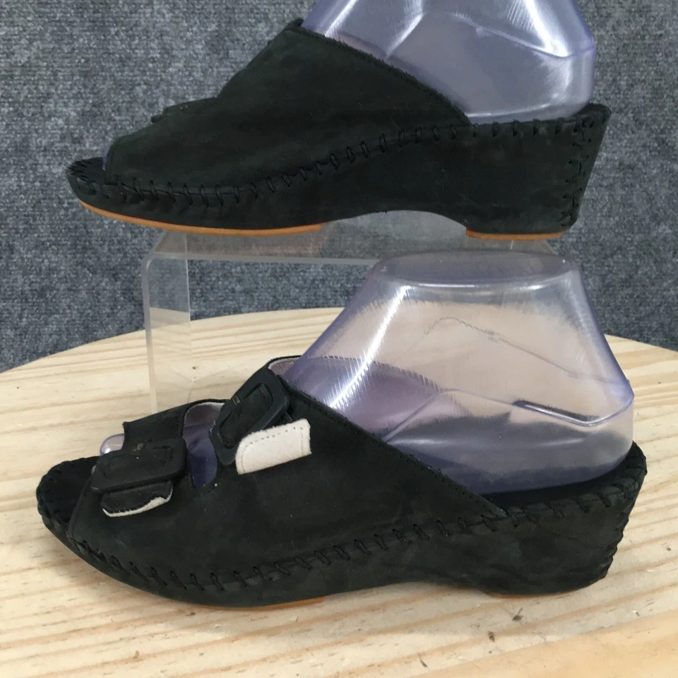 Sandalias La Plume para mujer 38 Jen cuña hebilla correa sin cordones cuero negro cosido Foto 2 de 4