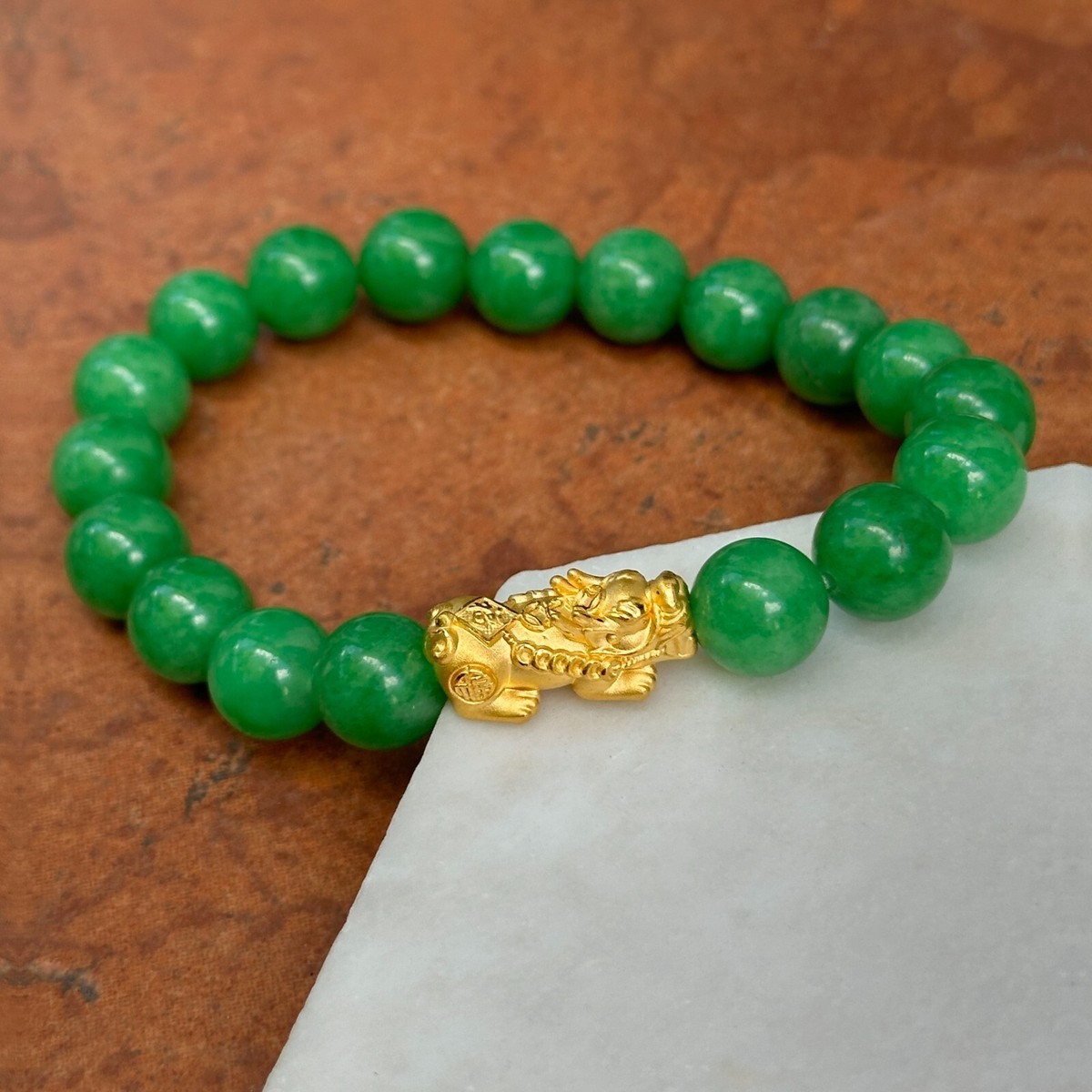 Vintage 24KT Yellow Gold Dragon + Genuine Jade Green Ball Bead