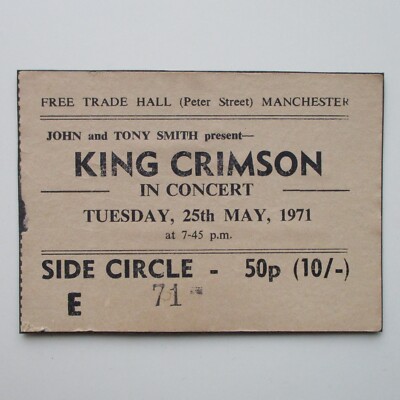 King Crimson Concert Ticket Stub 1971 Free Trade Hall Manchester UK 30.10.71