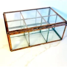 Vintage Glass Copper Hinge Jewelry Display Curio Case Rectangle Curio 6 Sections