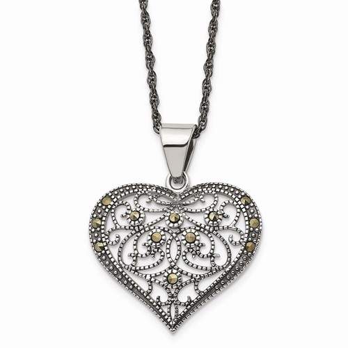 Chisel Women's Necklace Stainless Steel Marcasite Textured Heart, 20 inch