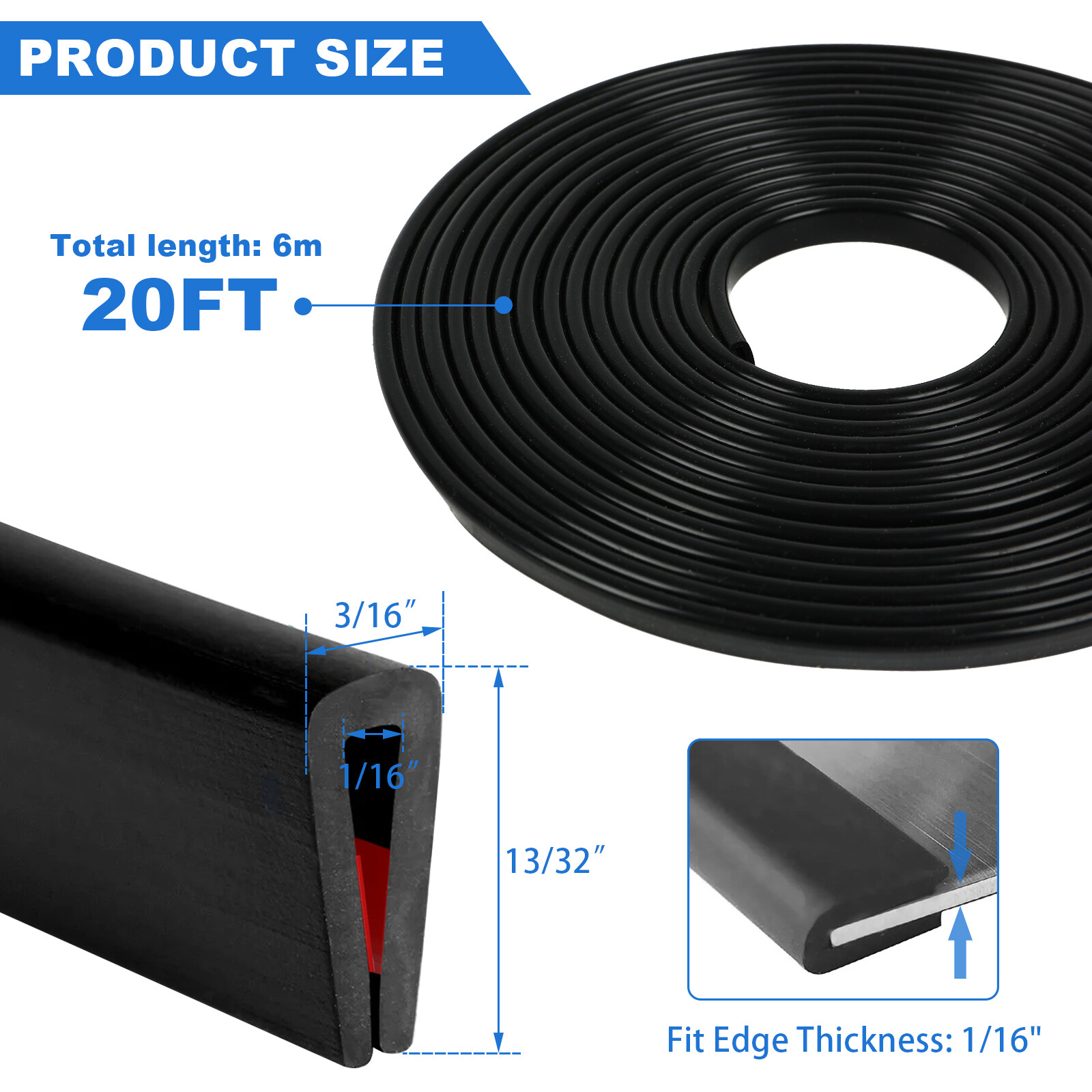 6M U Channel Black Rubber Moulding Strip Trim Door Window Desk Edge