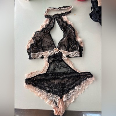 Adore Me Brescia Unlined Lace Halter Bodysuit - Black and Pink Small
