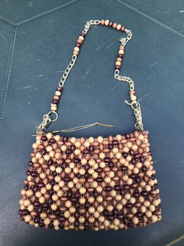VINTAGE Wood Bead Boho Clutch Handbag Purse Gold Chain Shoulder Strap Japan 1960 - Picture 1 of 5