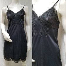 Vintage VASSARETTE Navy Blue Nylon Chiffon Lace Full Slip Pin-Up - Size 34 Small