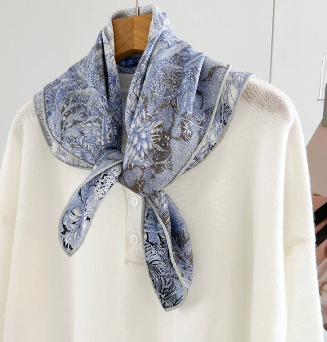 70%Cashmere 30% Silk Scarf 26'' Neckerchief Blue floral Print Shawl Bandana Wrap