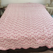 Vintage Jacquard Woven Bedspread Pink White Full Queen Coverlet 96x80