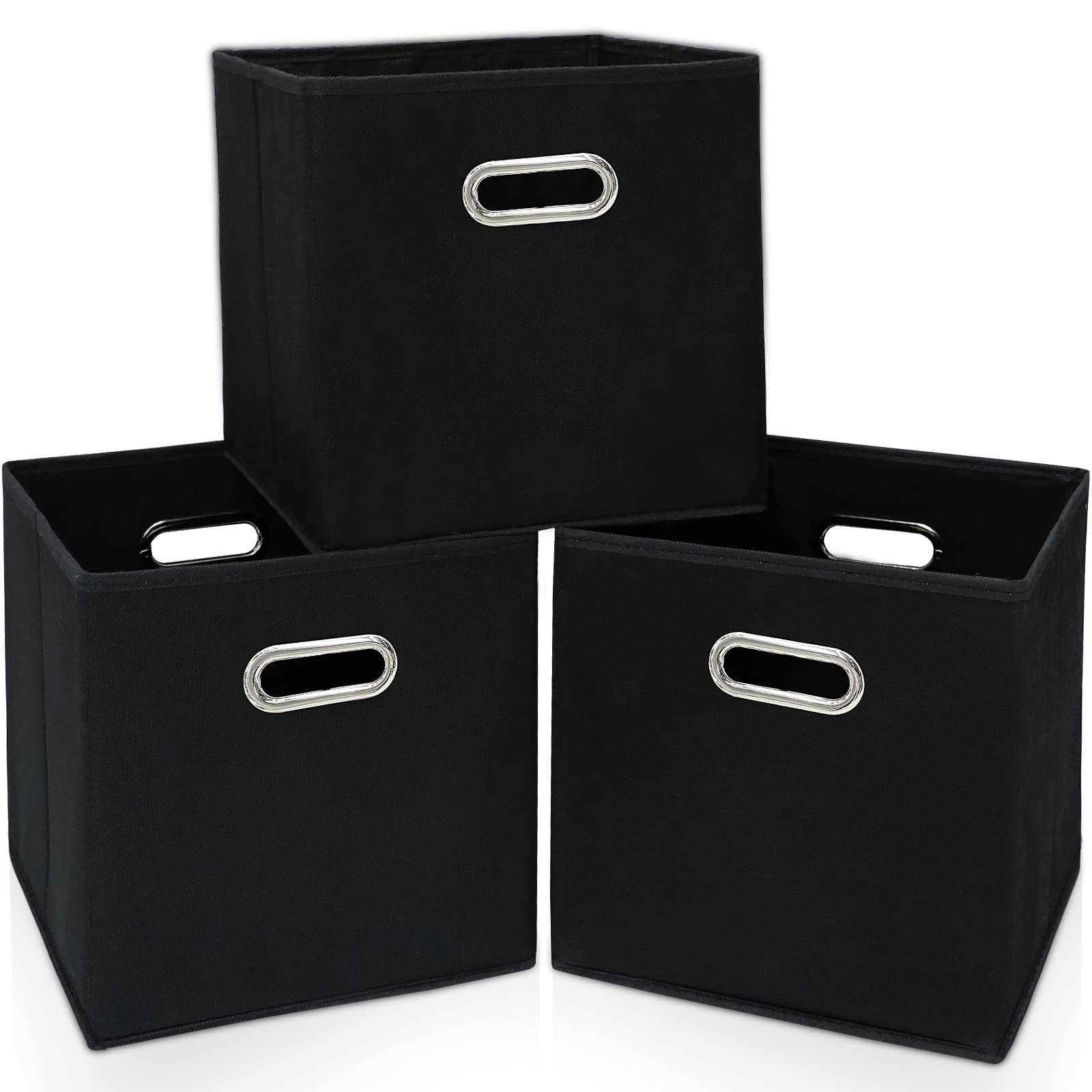 Black Fabric Storage Bins 13 Inch Cube Organizer Boxes Foldable Basket with Dual