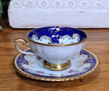 Vtg RW Bavaria Teacup Saucer Set Cobalt Blue Gold Floral Germany Demitasse