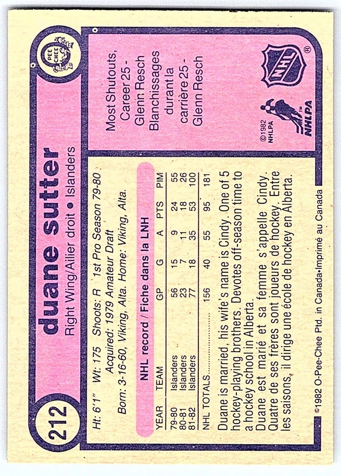 1982-83 O-Pee-Chee Duane Sutter New York Islanders #212 - Image 2 of 2