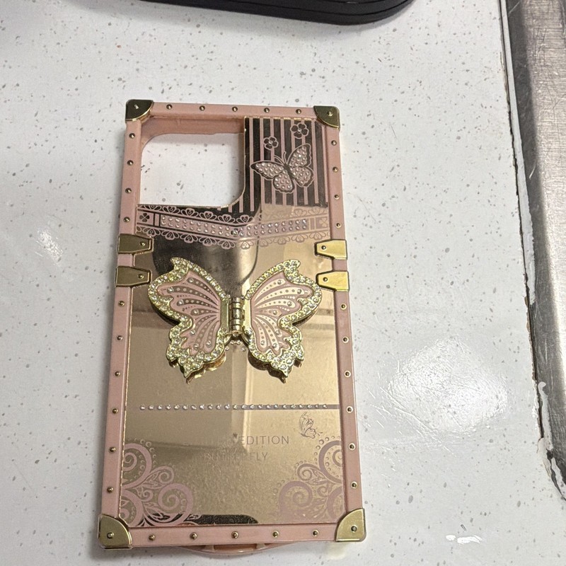 Pink/Gold Butterfly Glitter Rhinestone Patterned Hard Back Phone Case 15 pro max