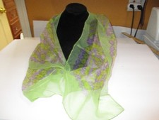 Vintage Purple Lime Green Floral Sheer Chiffon Flower Power Scarf 16"x 46" MOD