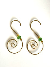 12 Gold Swirl Beaded Christmas Tree Ornament Hook w/ Green Crystal and Gold Bead