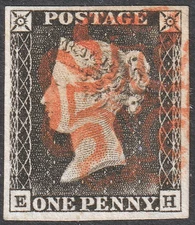 1840 AS2 SG3 1d GREY BLACK PLATE 1a 4 LARGE MARGINS RED MALTESE CROSS (EH)