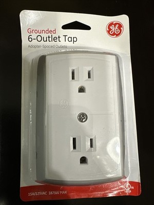 GE Grounded Adapter Spaced Six 6 Outlet Tap Converter Wall Electrical Socket New
