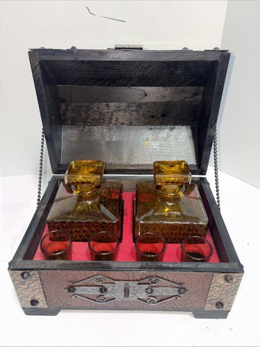 Vintage Amber Glass Liquor Decanters & Shot Glasses Wood Chest Bar Set