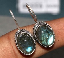 925 Silver Plated Vintage Oval Fiery Labradorite Earrings 1.2